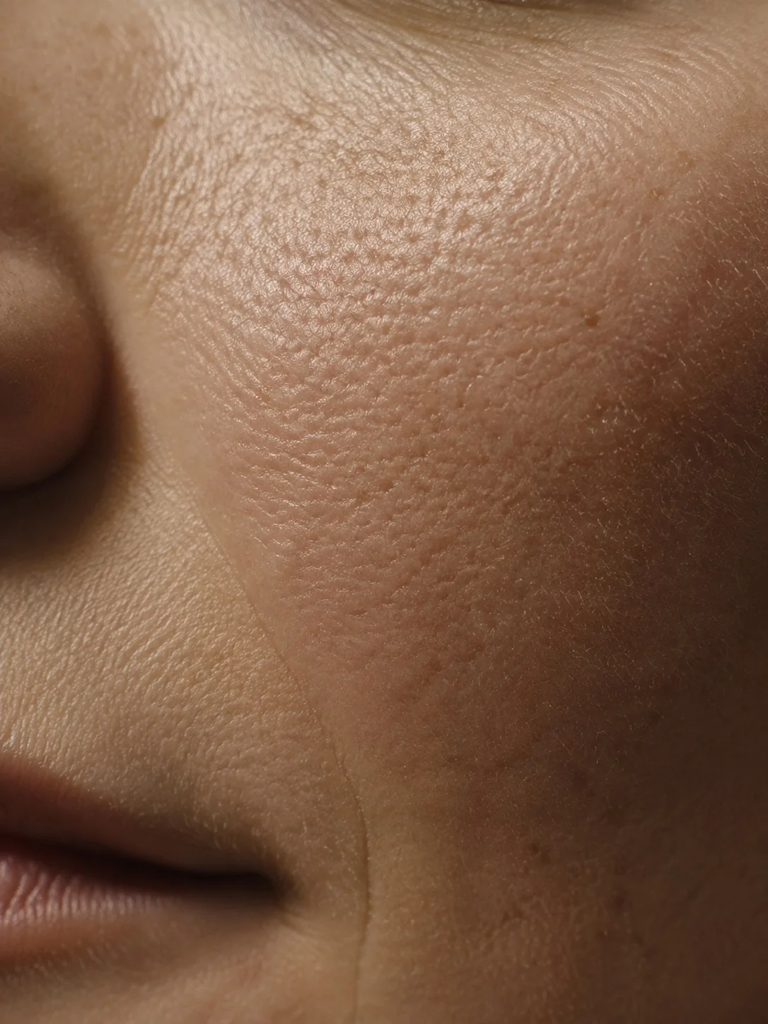 Macro photograph of cheek skin in raking light, showing pores and fine hair.
