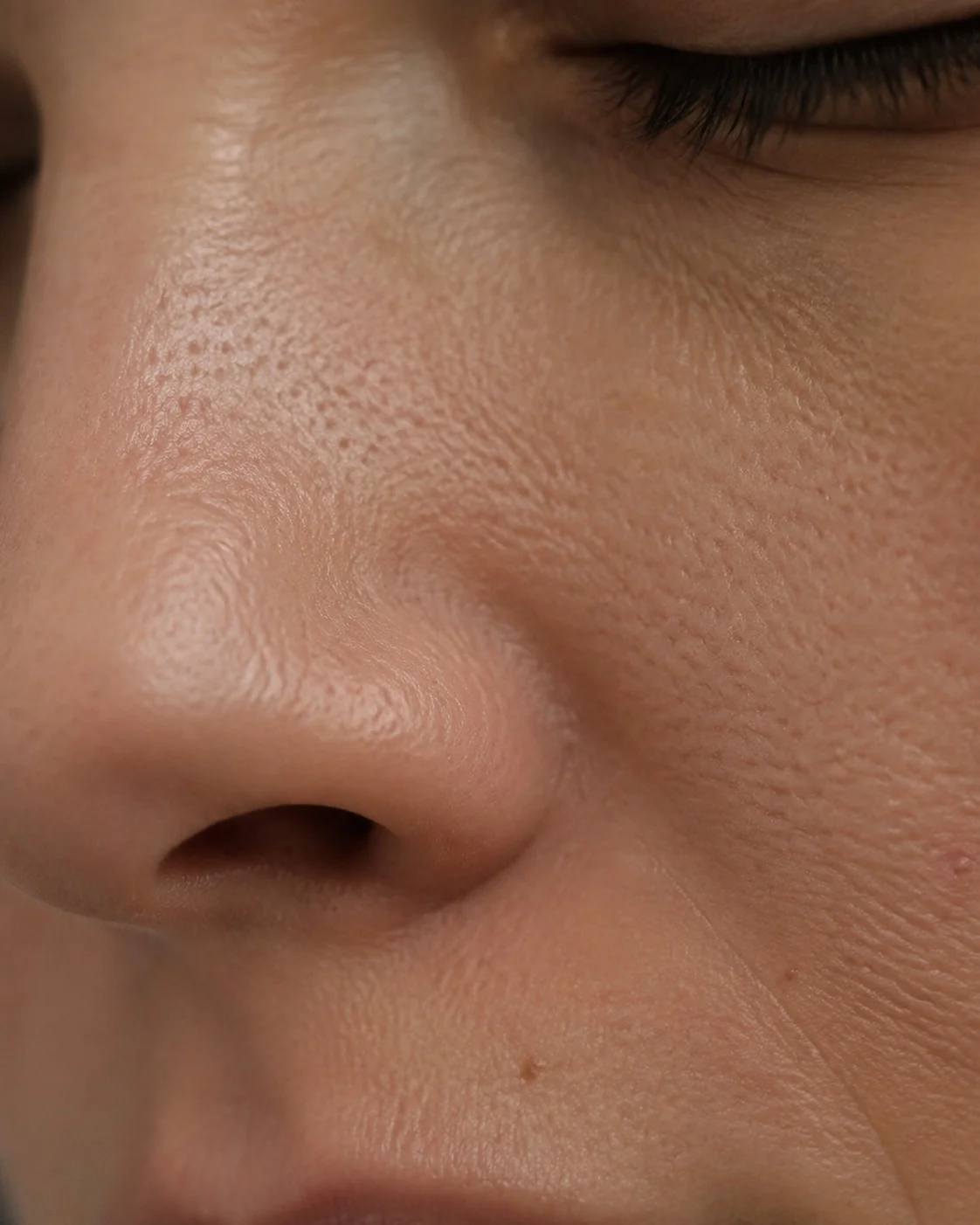 Macro of the nose sidewall and inner cheek showing pore structure.