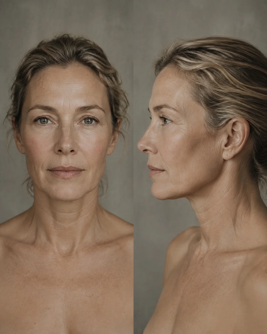 The same face shot front-on and in profile side by side against grey.