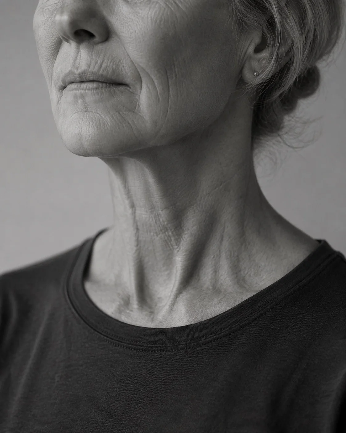 Monochrome detail of an older woman’s jawline and neck above a charcoal crew-neck shirt.