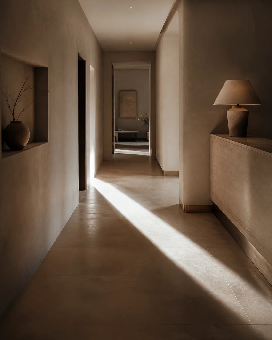 A clinic corridor with a hard shadow cutting diagonally across the floor.