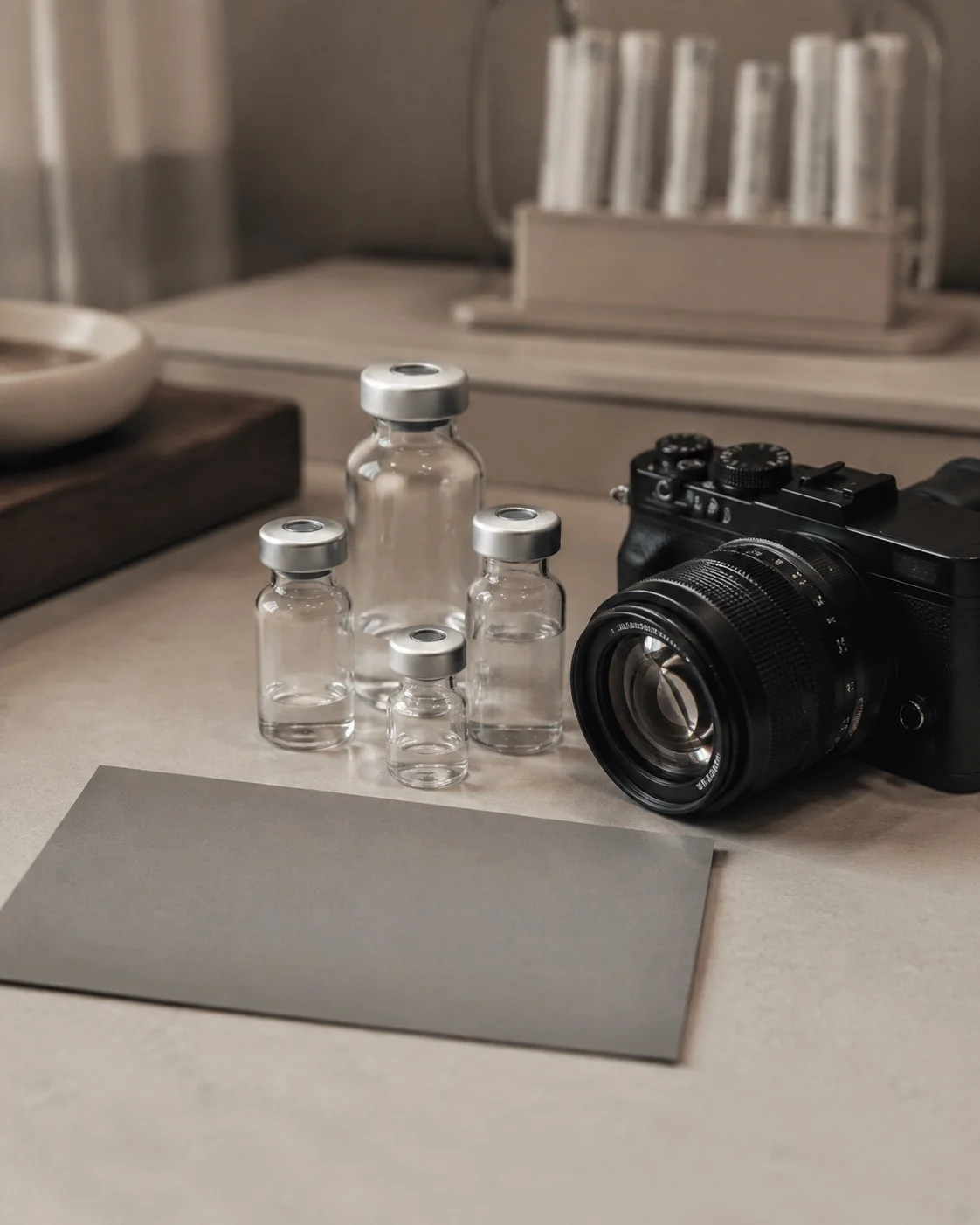 Vials and a camera on a clinic desk beside a photographic grey card.