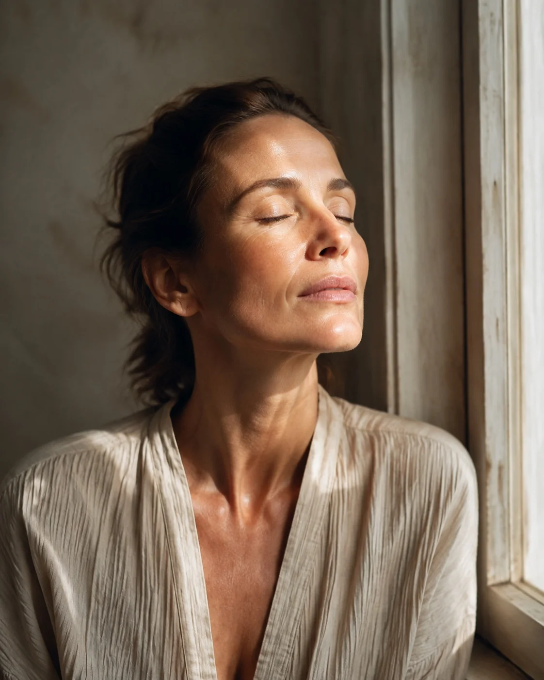 A woman at a window in late afternoon, eyes closed, face turned into the light.