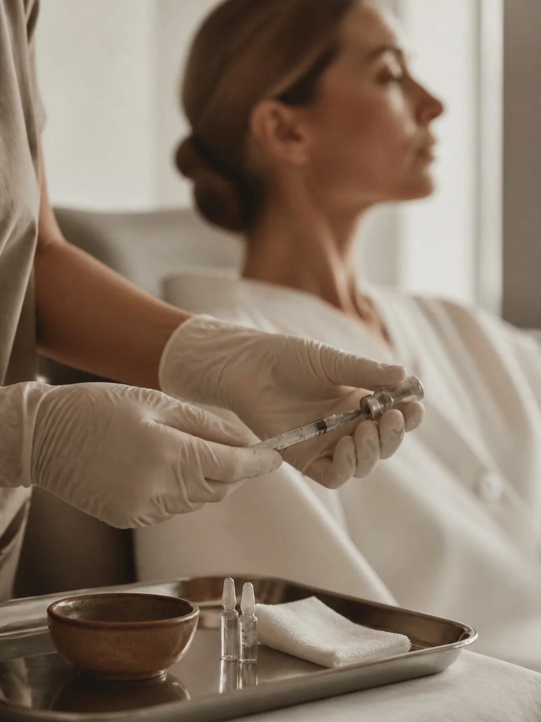 Gloved hands preparing a syringe on a steel tray, a profile out of focus behind.
