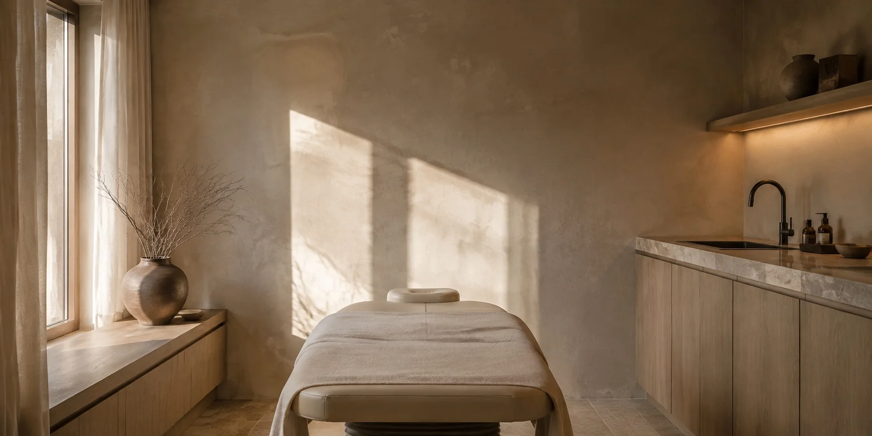 An empty treatment room with hard afternoon light falling across a plaster wall.